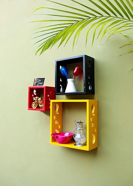 Onlineshoppee Square Nesting MDF Wall Shelf, Size lxbxh-10X4X10 Inch (Red -Black & Yellow)