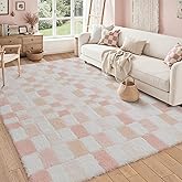 WondRg 8x10 Pink Area Rug Fluffy Shag Checkered Living Room Throw Carpet Washable Non-Slip Soft Pile Fuzzy Large Rug for Bedroom Dorm Bathroom Dining Room Home Aesthetic Decor