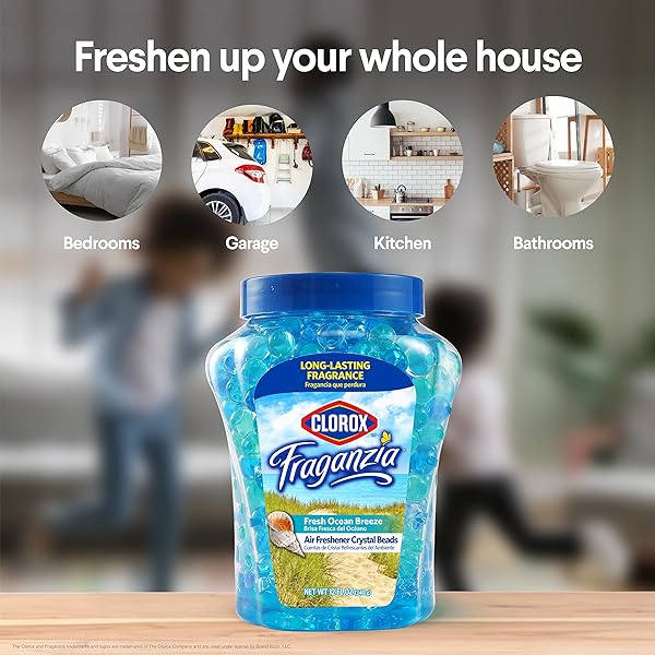 CLOROX FRAGANZIA CRYSTAL BEADS AIR FRESHENER, LONG LASTING ROOM DEODORIZER AND ODOR ELIMINATOR GEL BEADS TO FRESHEN HOME, CAR, OR OFFICE, FRESH OCEAN BREEZE SCENT, 12 FL OZ