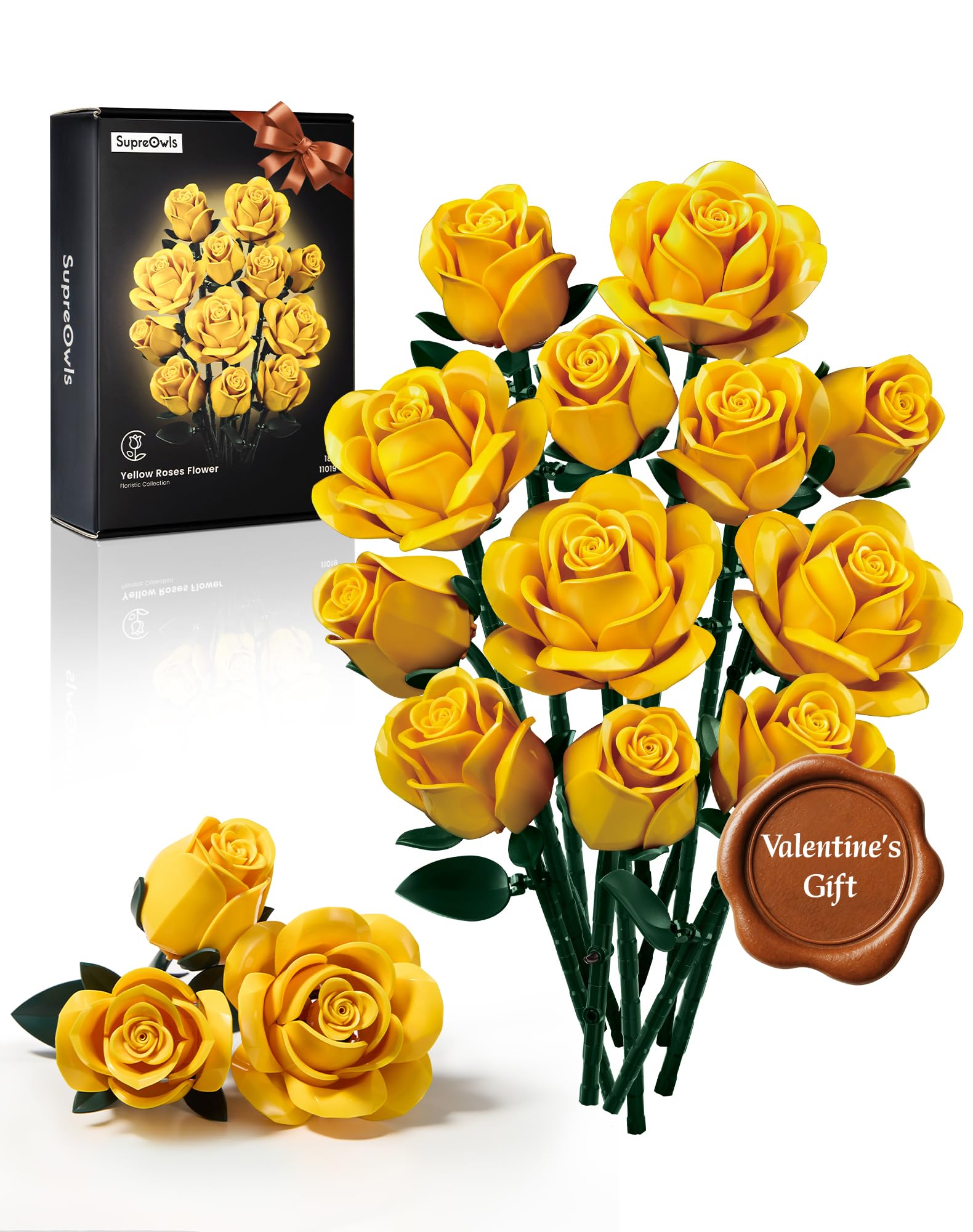 iATOM Yellow Rose Bouquet Building Set, 12Pcs Flowers Botanical Collection Kit for Adults, Valentine's Day Gift for Her/Girlfriend/Mom/Wife/Couple, Modern Home Office Table Centerpiece Decor Aesthetic Image