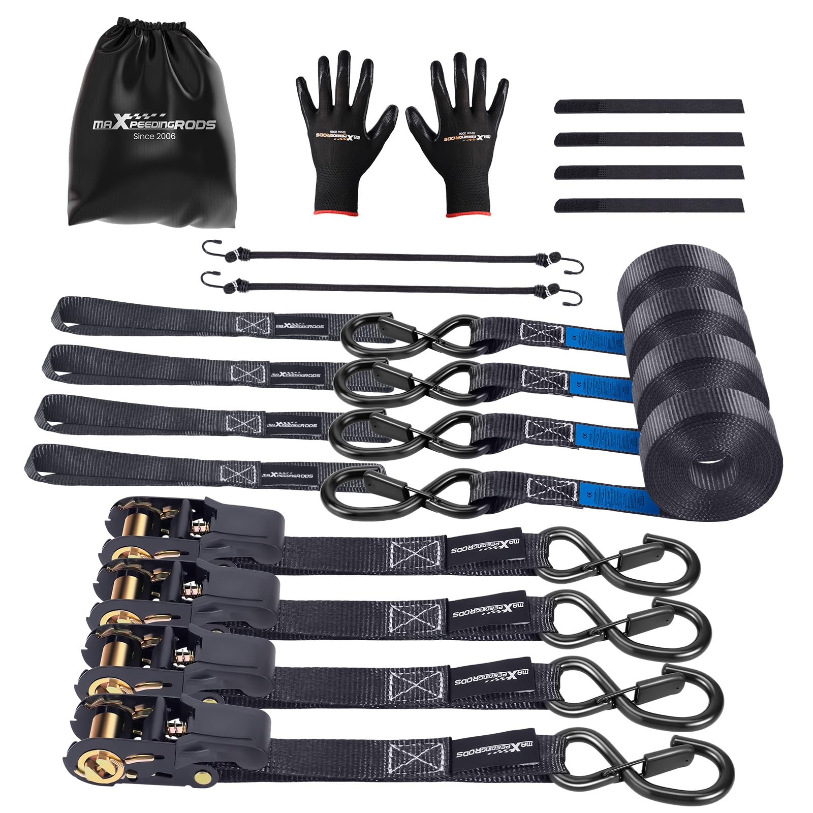 maXpeedingrods 4x 997kg Tie Down Straps 15ft (4.5m), Ratchet Straps 2200lb, Lashing Straps 25mm, Straps with safety clip S-hooks, motorcycle tie down straps, EN 12195-2 - Black