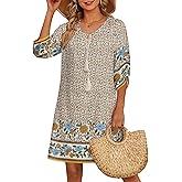 HOTOUCH Bohemian Floral Print Ladies Midi Dresses with Pockets V-Neck Half Sleeves Holiday Midi Dress Apricot L