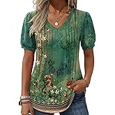 Zeagoo Women's Puff Short Sleeve Boho Shirts Casual V Neck Floral Solid Summer Blouse Pleated Tunic Top