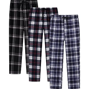 Mens Fleece Pajama Pants Plaid PJ Bottoms Soft Sleepwear Lounge Pants for Men with Pockets & Drawstring 3 Pack