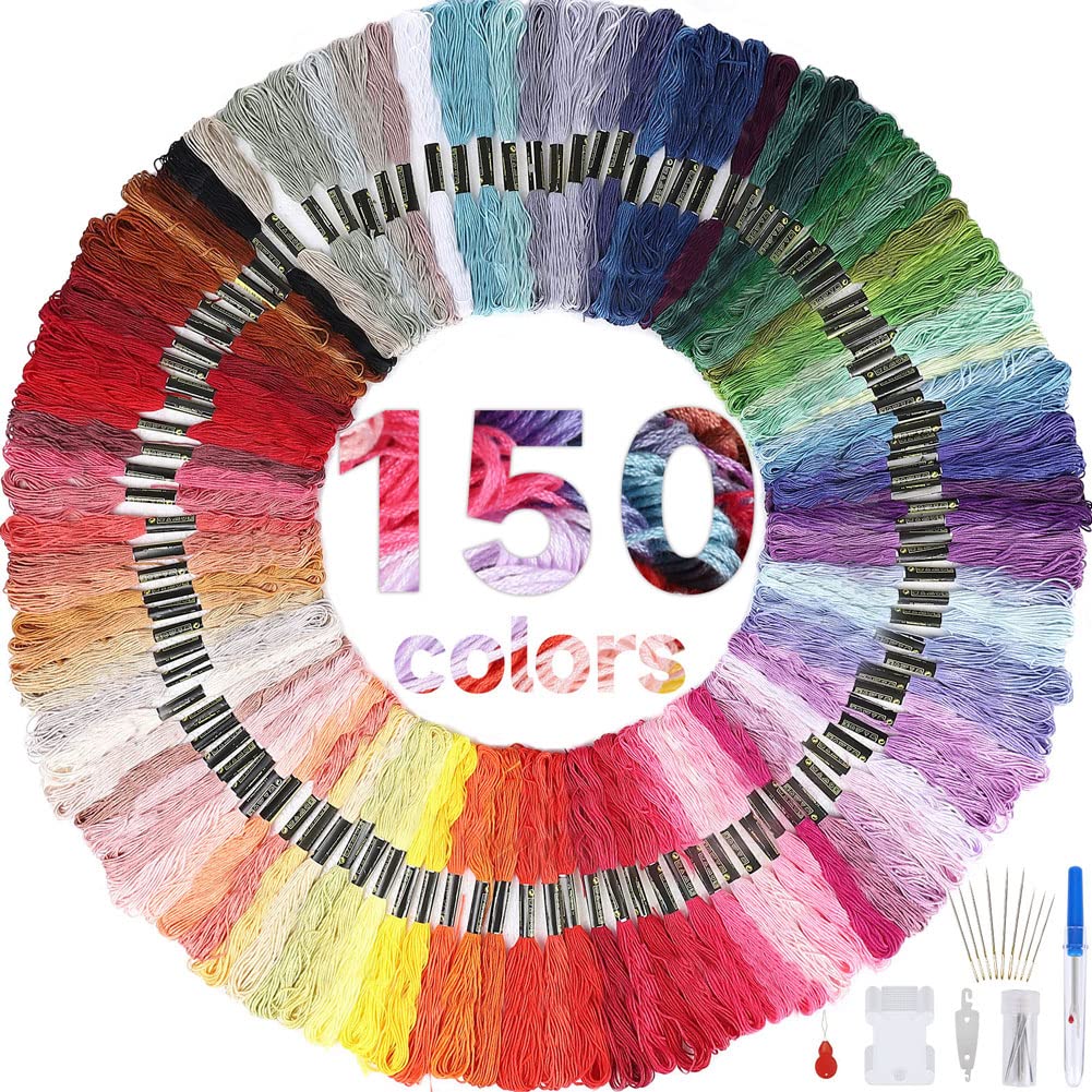 HAUSPROFI Embroidery Threads, 150 Colors Cross Stitch Thread, Embroidery Kit Perfect for Friendship Bracelets, 8m 6-Strand Floss Kit with Needles, Fade-Resistant & Tangle-Free Craft Supplies