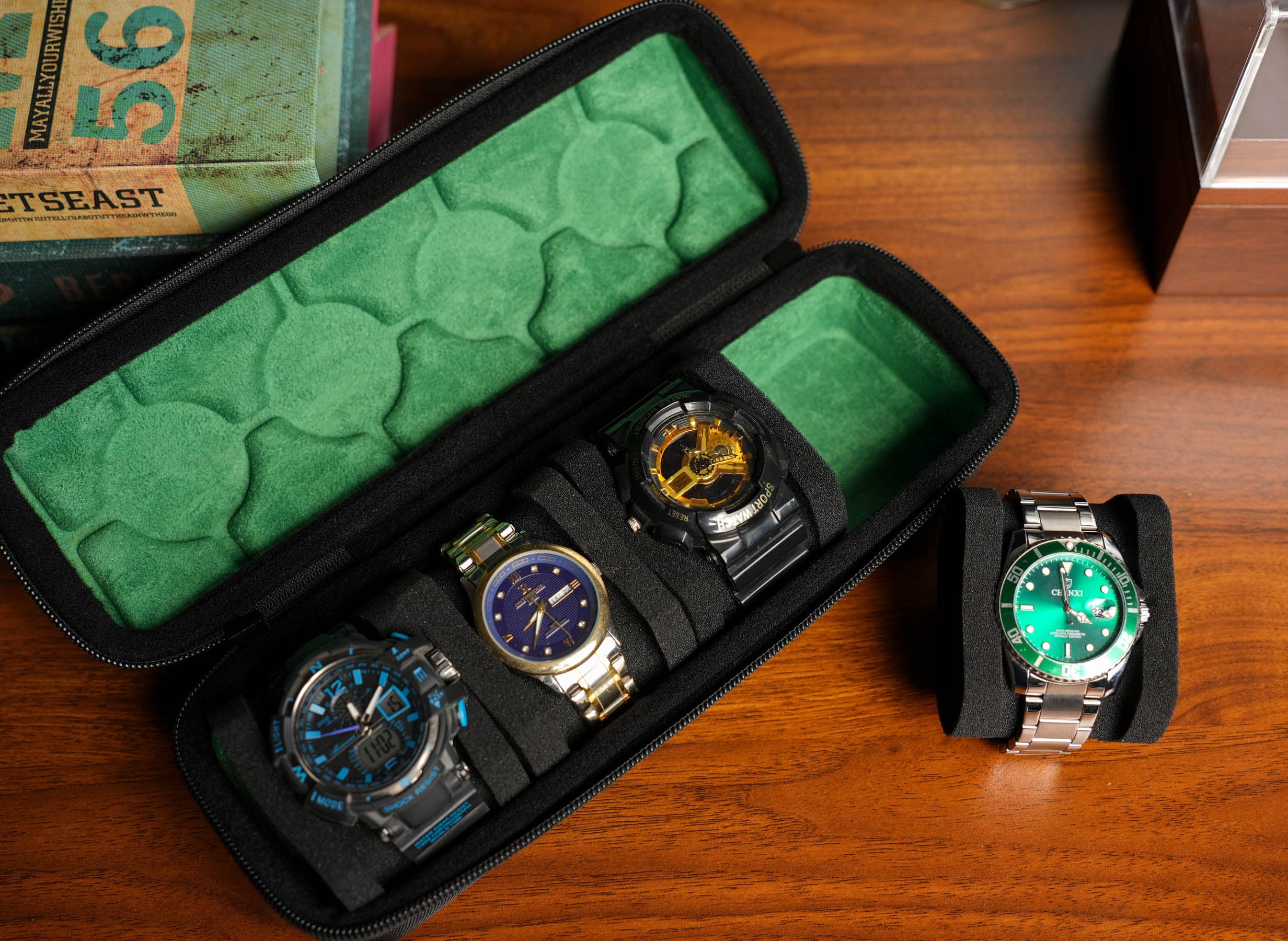 4 slots watch travel case roll, hard watch box storage organizer with soft foam pillows, fit up to 55mm face size watch(green microfiber lining)