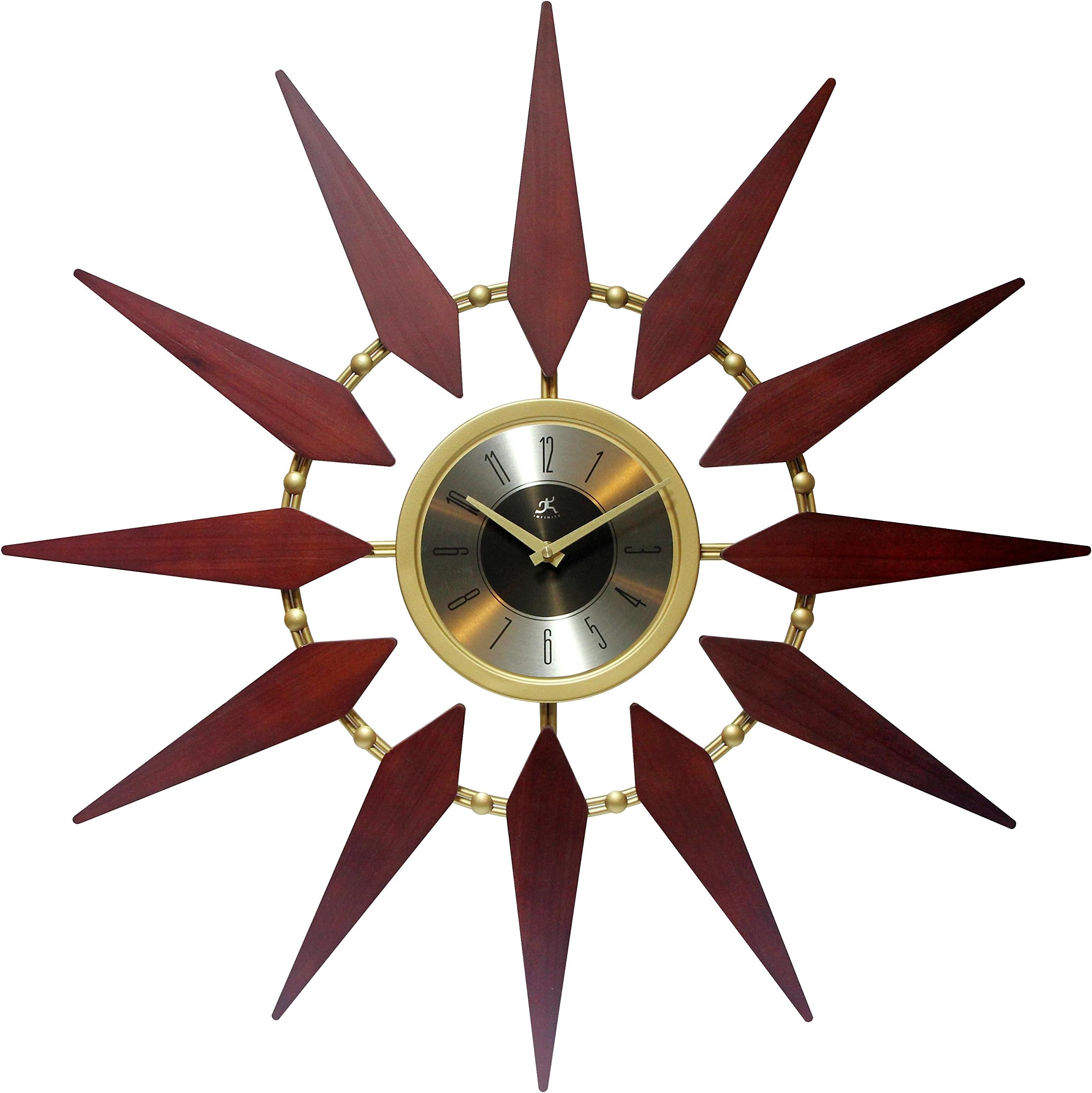 Sunburst 30 Inch Gold and Walnut Mid-Century Modern Wall Clock