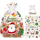 10 Pcs Christmas Cellophane Baskets Gift Bags Large 16x24 inch with 10pcs Christmas Bows for Gift Wrapping Holiday Party Supplies