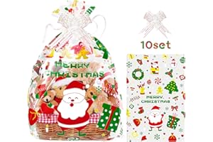 WeDoSoy 10 Pcs Christmas Cellophane Baskets Gift Bags Large 16x24 inch with 10pcs Christmas Bows for Gift Wrapping Holiday Party Supplies