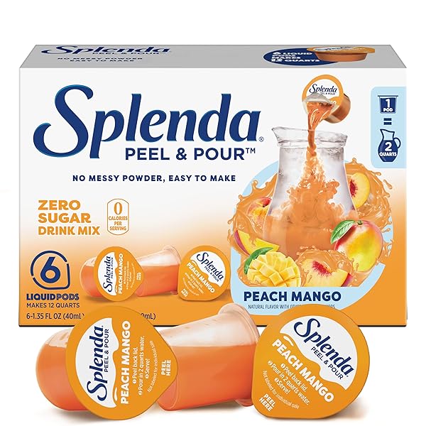 SPLENDA PEEL AND POUR ZERO CALORIE DRINK MIX, NATURALLY FLAVORED SUGAR FREE CONCENTRATE, 6 MULTI SERVE LIQUID PITCHER PODS (PEACH MANGO), PACK OF 1, 2.0 QUARTS