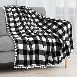 PAVILIA Black White Buffalo Plaid Throw Blanket Pom