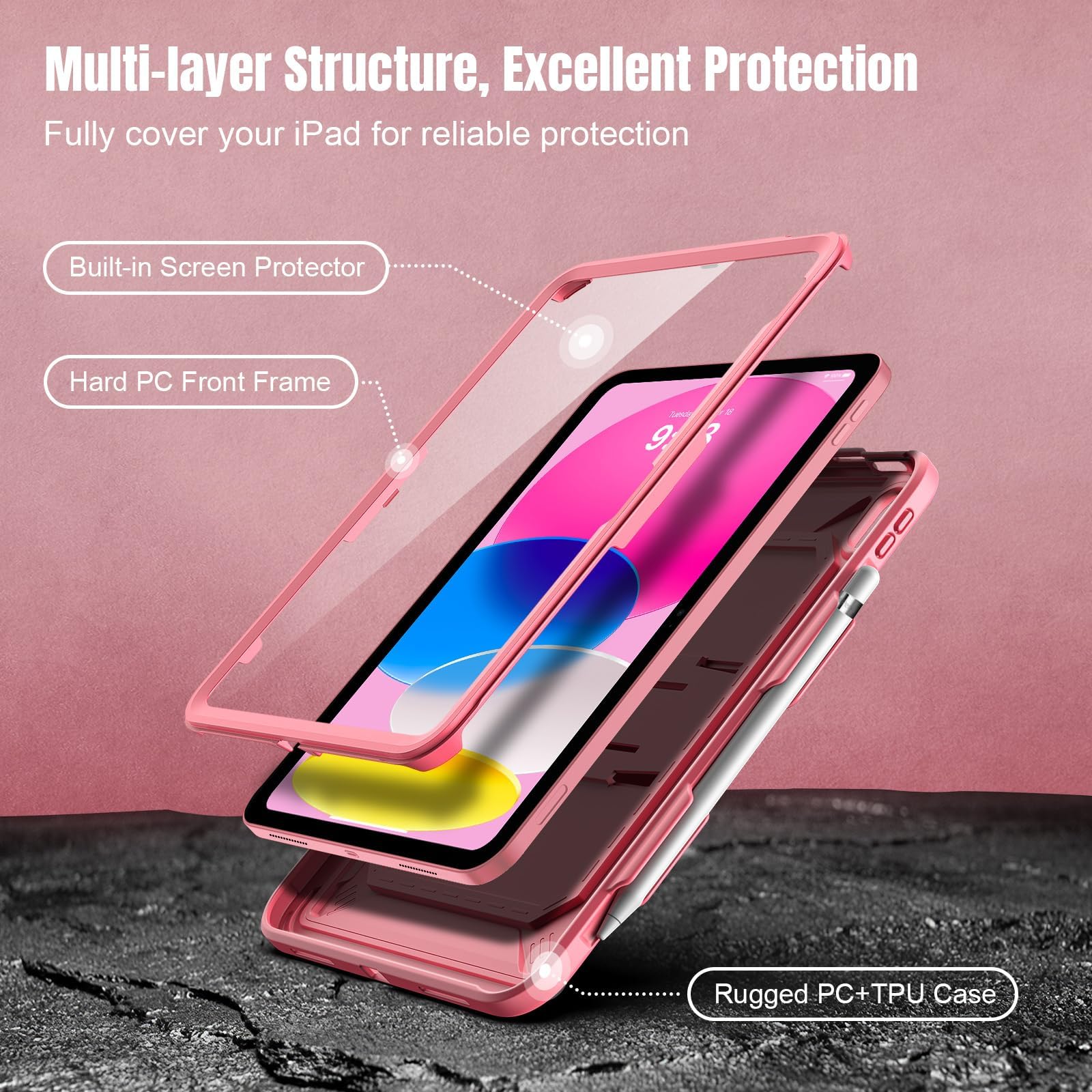 TiMOVO Case for iPad (A16) 11th Generation 11 Inch 2025, iPad 10th Generation Case 2022 with Screen Protector, Heavy Duty Shockproof Rugged Protective Cover, Watermelon Pink