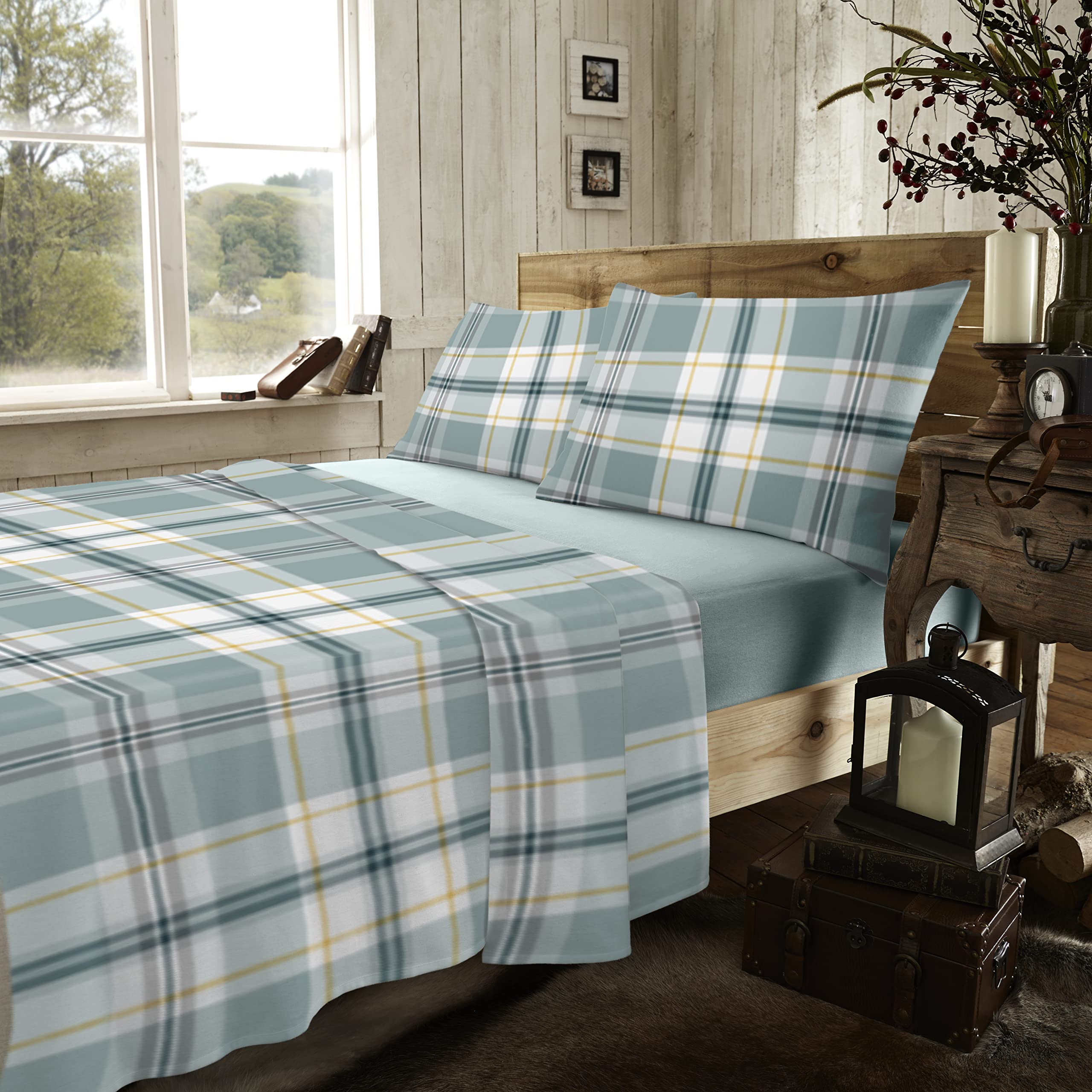 Checkered Bedding,Thermal Plain Dyed Fitted Sheet, Super Soft Flannel Sheet Set, Hypoallergenic Brushed Cotton Flat Sheet King Size, Duck Egg