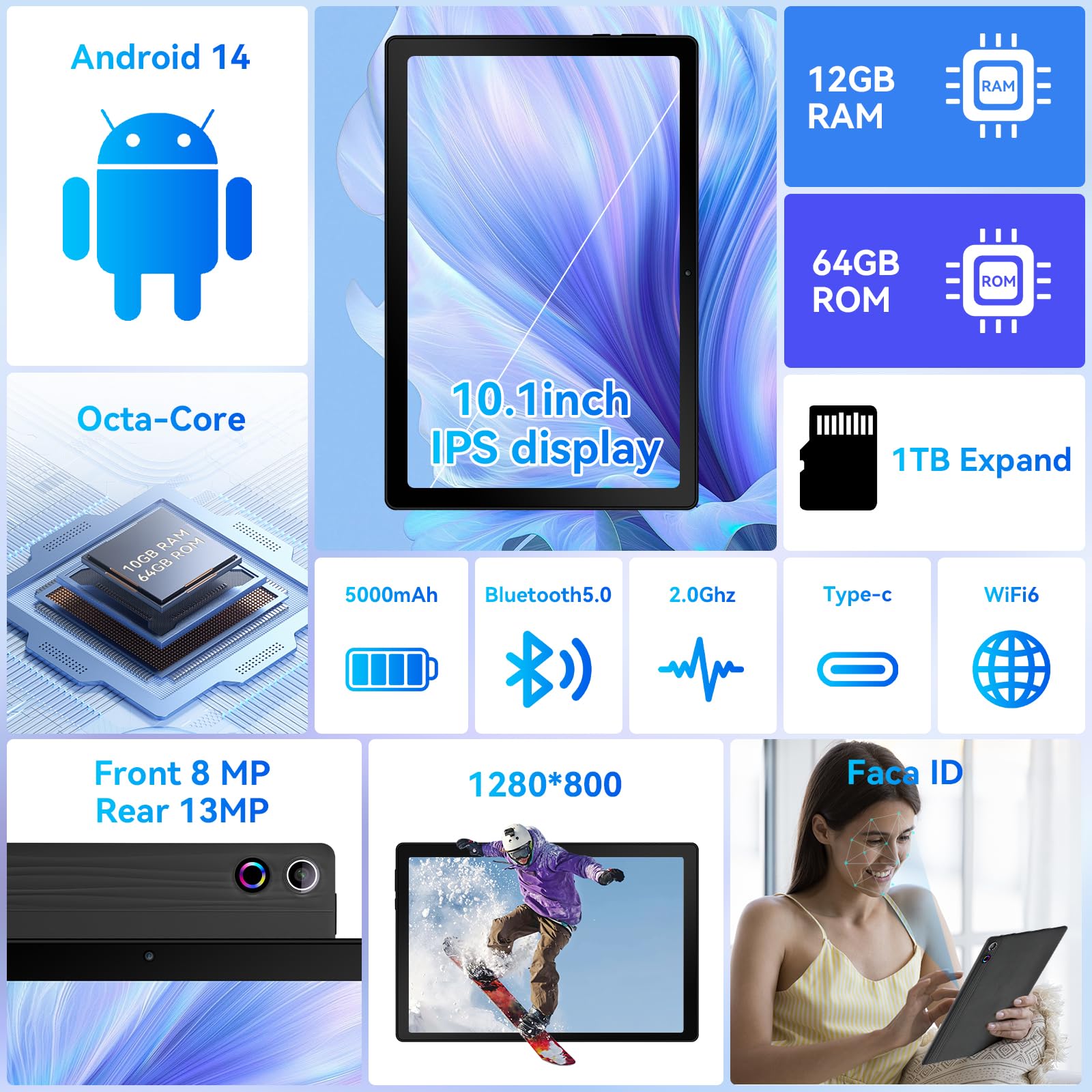 Tablets 10 inch Tablet Android 14,Octa-Core Processor,12GB RAM 64GB ROM 1TB Expand,5G WiFi 6,1280 x 800 HD/Dual 5MP+8MP Camere,Android Tablet with Keyboard+ Mouse + Case (Black, L)