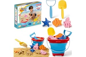 Beach Sand Toys Set for Toddlers, Portable Travel Beach Toys with Collapsible Bucket, Shovel, Rake, 3 Molds & Mesh Storage Ba