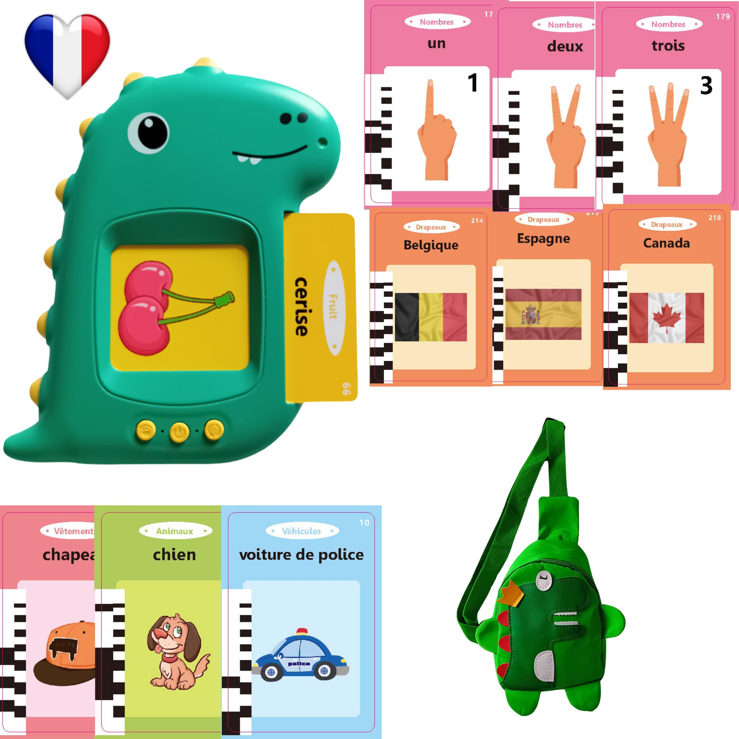 YAZAK Standard French, Talking Flash Cards, Educational Toys for Toddlers from 1 to 6 Years, 112 Sheets of 224 Words, 16 Different Themes, Audio Learning Toys, Green Dinosaur