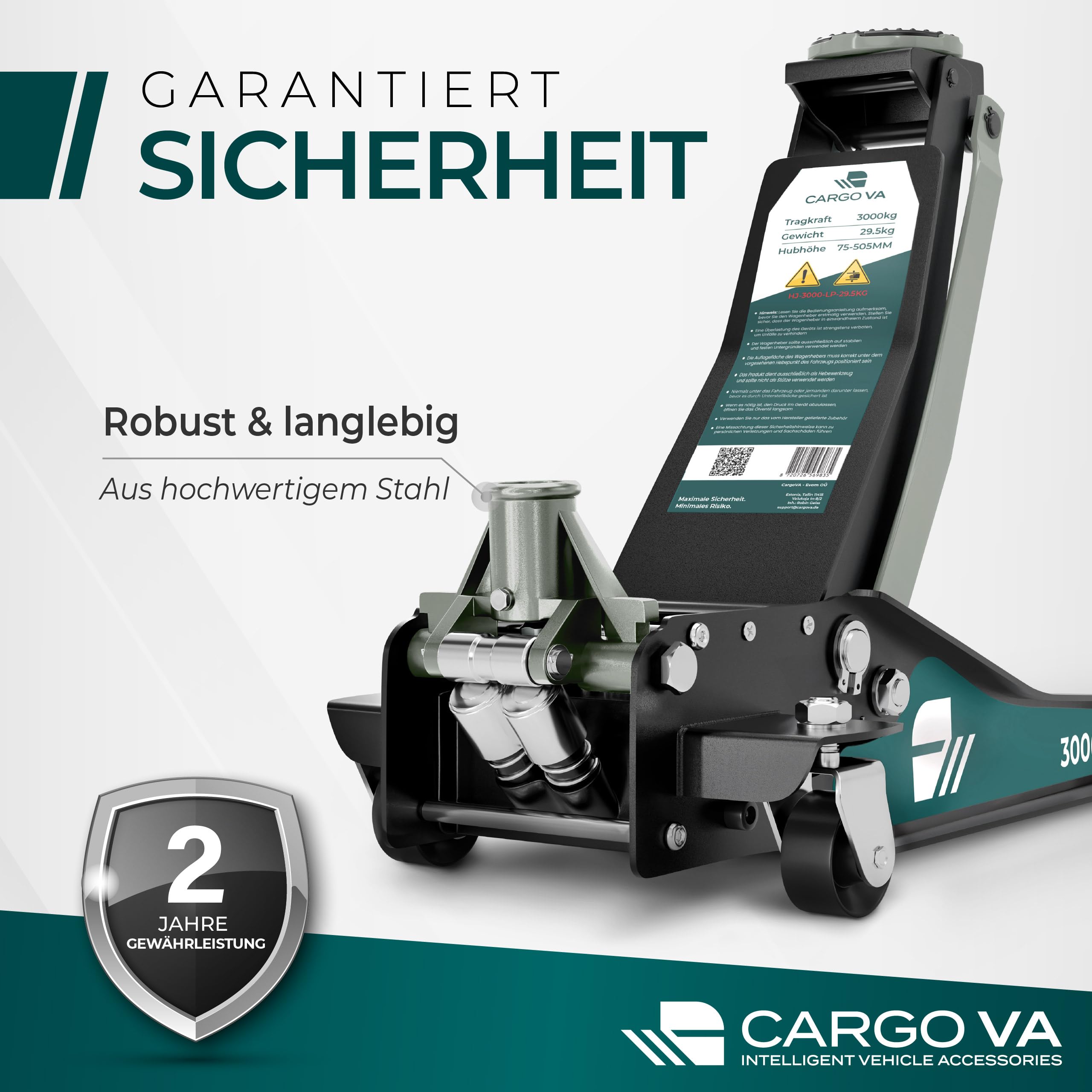 CargoVA Wagenheber 3T hydraulisch | Flacher Wagenheber mit 75-505mm Hubhöhe | Profi-Toolkit inkl. Kniematte & 2X Gummiauflagen | Ideal für SUV & tiefergelegte Autos | Rangierwagenheber Reifenwechsel 7