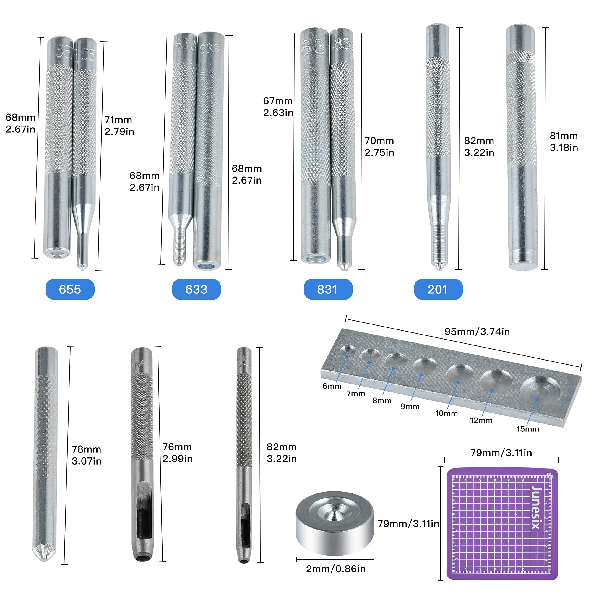 14Pcs Rivet Setter, Leather Die Punch Snap kit, Stainless Steel Rivet Setting Tool for Bag Making DIY Leather Crafts with Non Slip Base