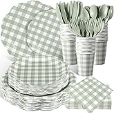 Funnymoom 400 Pcs Gingham Party Supplies for 50 Guests Green and White Paper Plates and Napkins Knives Spoons Forks Cups Disposable Checkered Dinner Party Set Cutlery for Baby Shower Wedding Favor