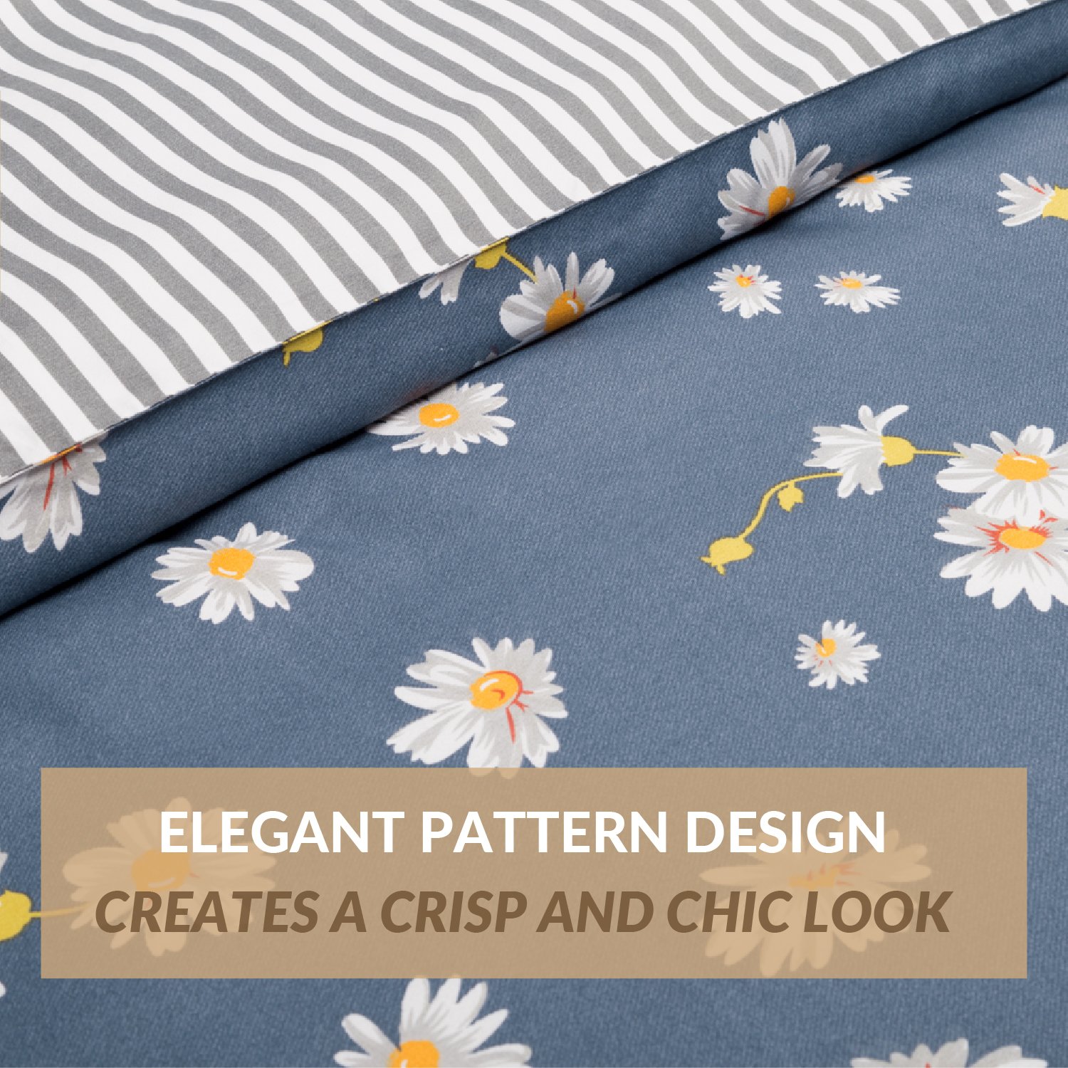 Duvet Cover Set with Zipper Closure-Navy Daisy Pattern Reversible Design,King(104\