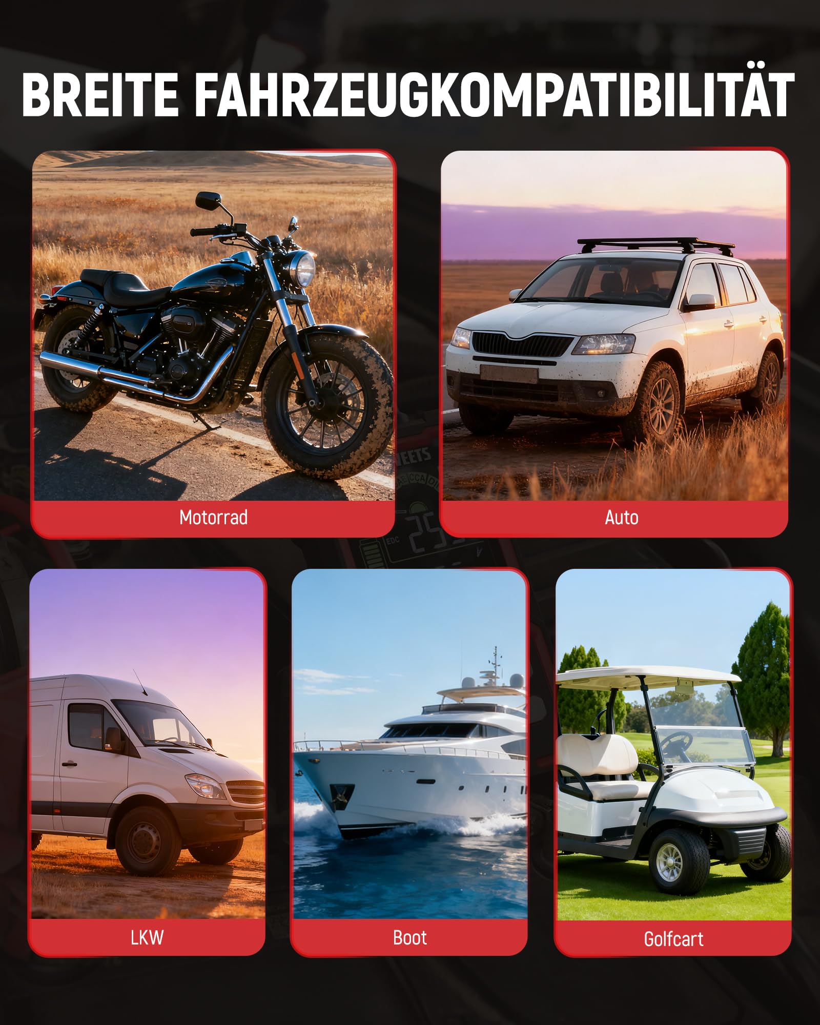 KAIWEETS Batterietester KFZ 12V/24V Digital Autobatterie Tester 50–2000 CCA mit SOH/SOC Analyse LCD Batterie Prüfgerät mit Cranking-Test für Auto SUV Motorrad 9