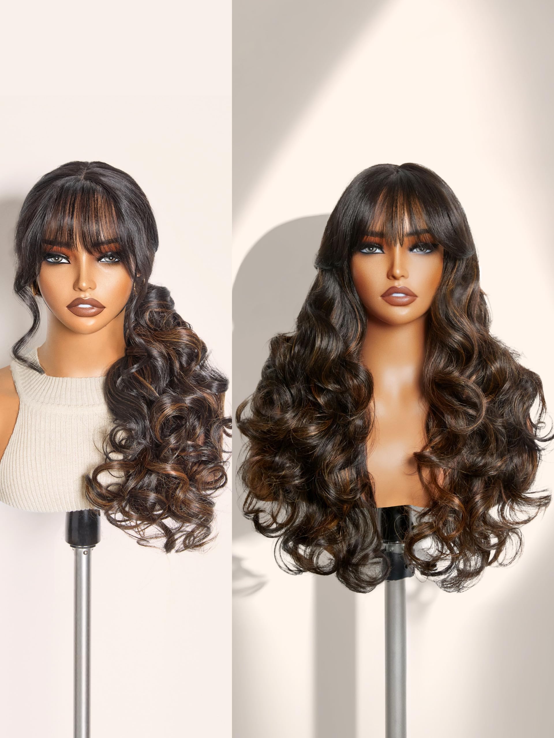 Photo 1 of GORGIUS Glueless Wavy Wig with Bangs Highlight Brown Synthetic Curtain Bang Wig with Realistic Scalp 22 Inch