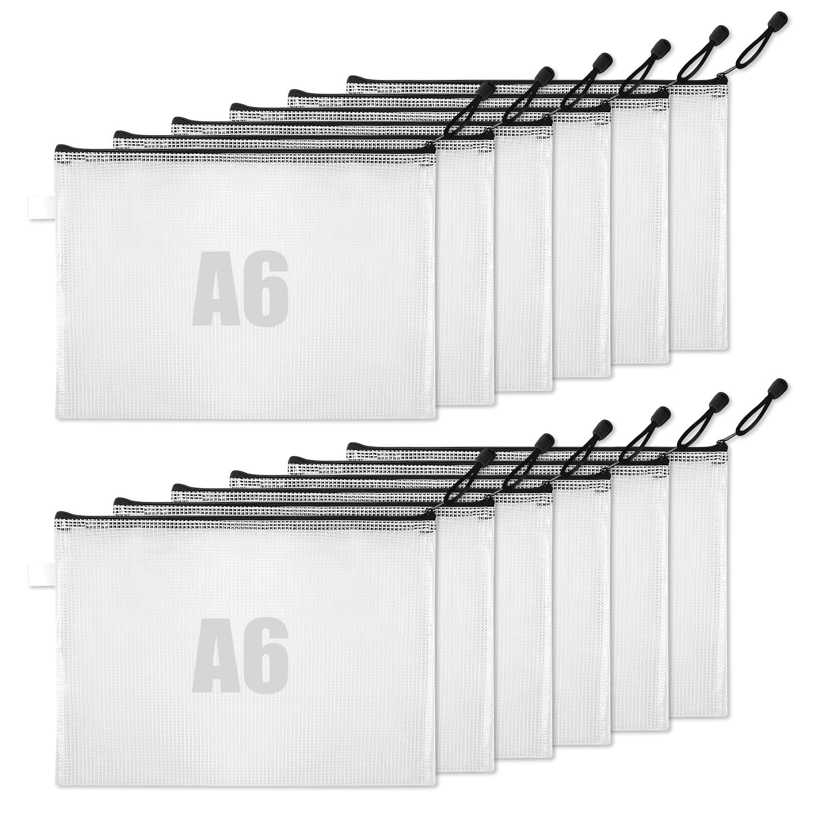 LANAFAY 12pcs Plastic Wallet A6, Mesh Document Bag, Waterproof Zipper Bags, Clear Mesh Pencil Case for School, Travel, Home, Office (Black)