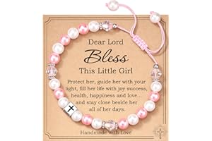 HGDEER Cross Pink Pearl Adjustable Bracelet for Girls, First Communion, Baptism, Confirmation Christian Gifts for Little Girls Jewelry Easter Gifts for Godchild
