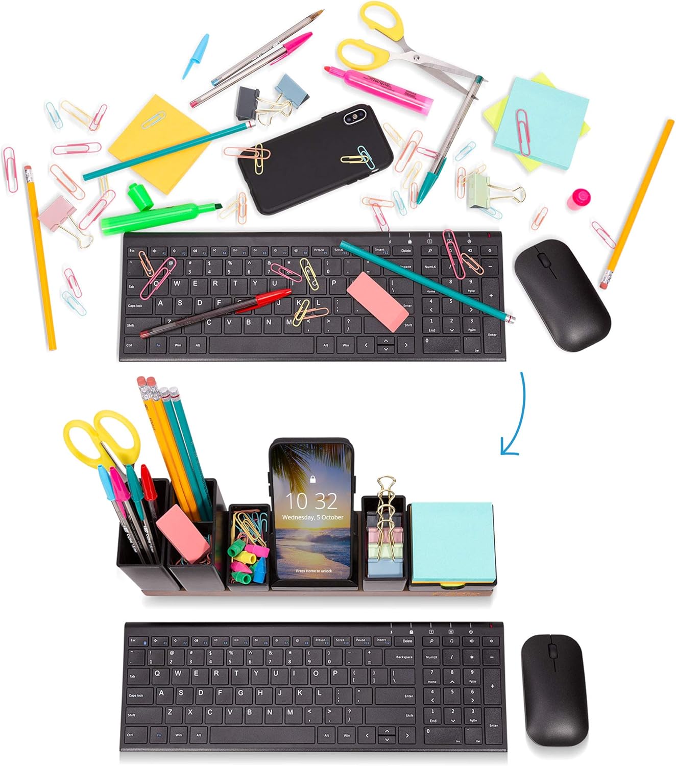 Desk Organizer with Adjustable Pen Holder, Pencil Cup, Phone Stand, Sticky Note Tray, Paperclip Storage, and Office Accessories Caddy, Desktop Organization for Cubicle or Home Office, Black : Office Products