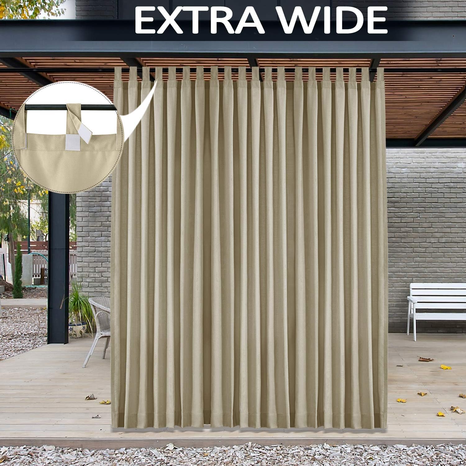 Frelement Waterproof Outdoor Curtains Velcro Tab Top for Pergola Balcony Anti-Fading Heat Insulated Privacy Protect Outside Patio Drapes 100" W x 102" L (1 Panel) Beige
