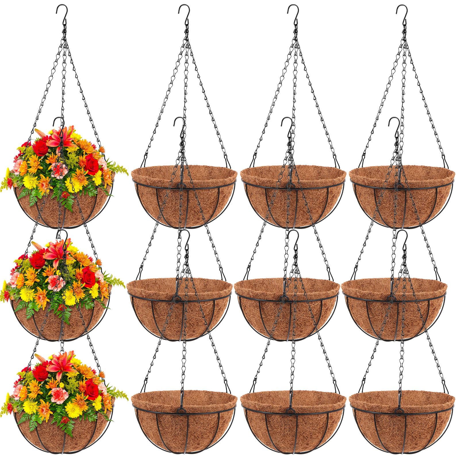 Photo 1 of (used/fair) (partial set) Dandat 12 Pcs 10 Inch Metal Hanging Planter Basket with Coconut Coir Liner Metal Wire Plant Holder Chain Watering Outdoor Hanging Pots Flower Pot Hanger for Porch Indoor Outdoor Garden Decorations