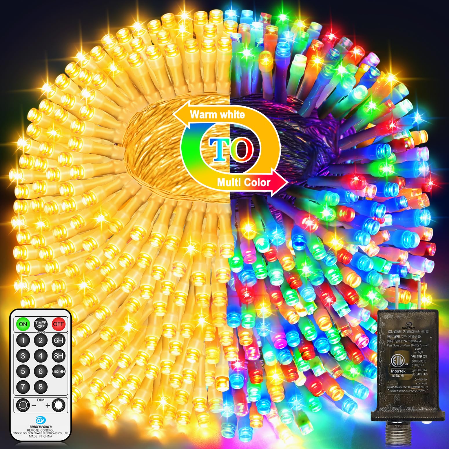 Photo 1 of 328 FT 720 LED Christmas Lights Outdoor Fairy Lights Plug In Color Changing String Lights Waterproof 11 Modes Timer for Outside House Tree Garden Wedding Party Decorations-Warm White to Multicolored