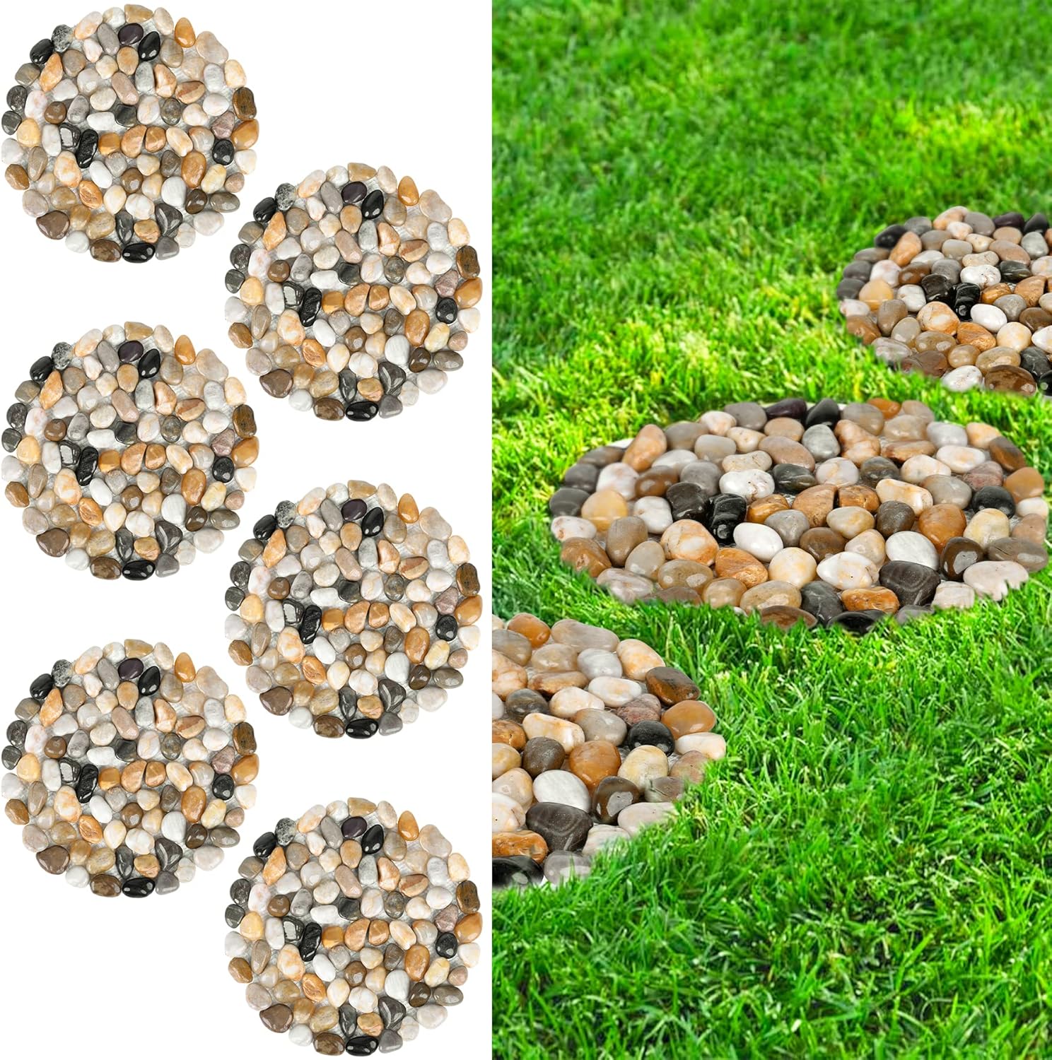 Hardscaping Materials - River Rock Stepping Stones Outdoor for Garden Walkway, 10 inch Diameter 6 Pcs Round Shape Paver Step Stones Polished Pebble River Stone Mat for Yard Lawn Patio Pathway Walk Way