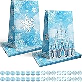 32Pcs Snowflake Gift Paper Bags with Stickers, Snowflake Candy Treat Goodie Bags for Wonderland Snowflakes Birthday Winter Party Supplies