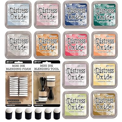 Ranger Tim Holtz Distress Oxide Ink Pads Fall 2018 Colors with 6X Pixiss Mini Finger Blending Tools Daubers, Mini Ink Blending Round Tool, 20x Replacement Foams