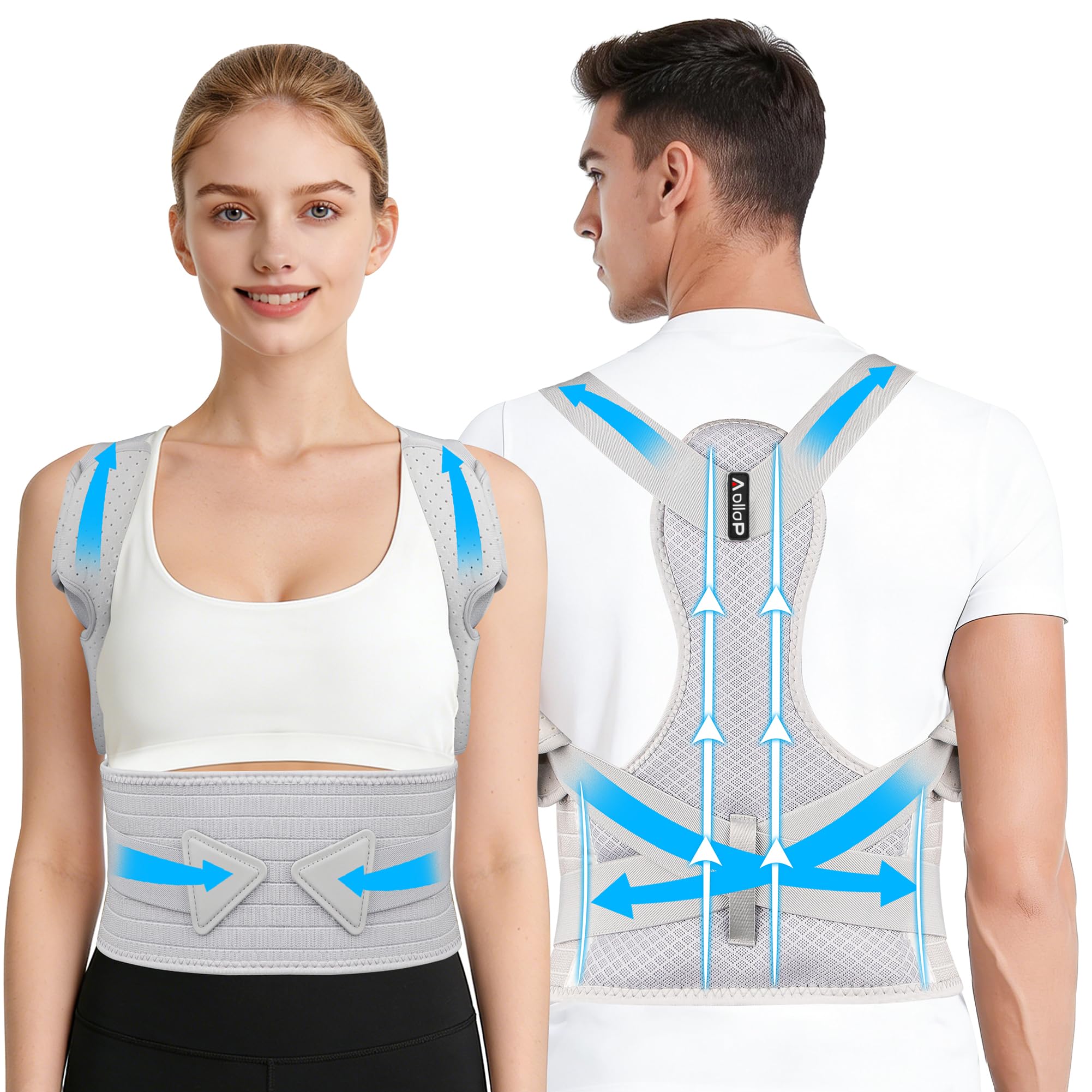 Aollop Posture Corrector Men Women - Back Brace Posture Corrector Breathable and Adjustable Elastic Bands Posture Support Bars Improve Back Pain Association Back Straightener (M, Waist 35'- 47')