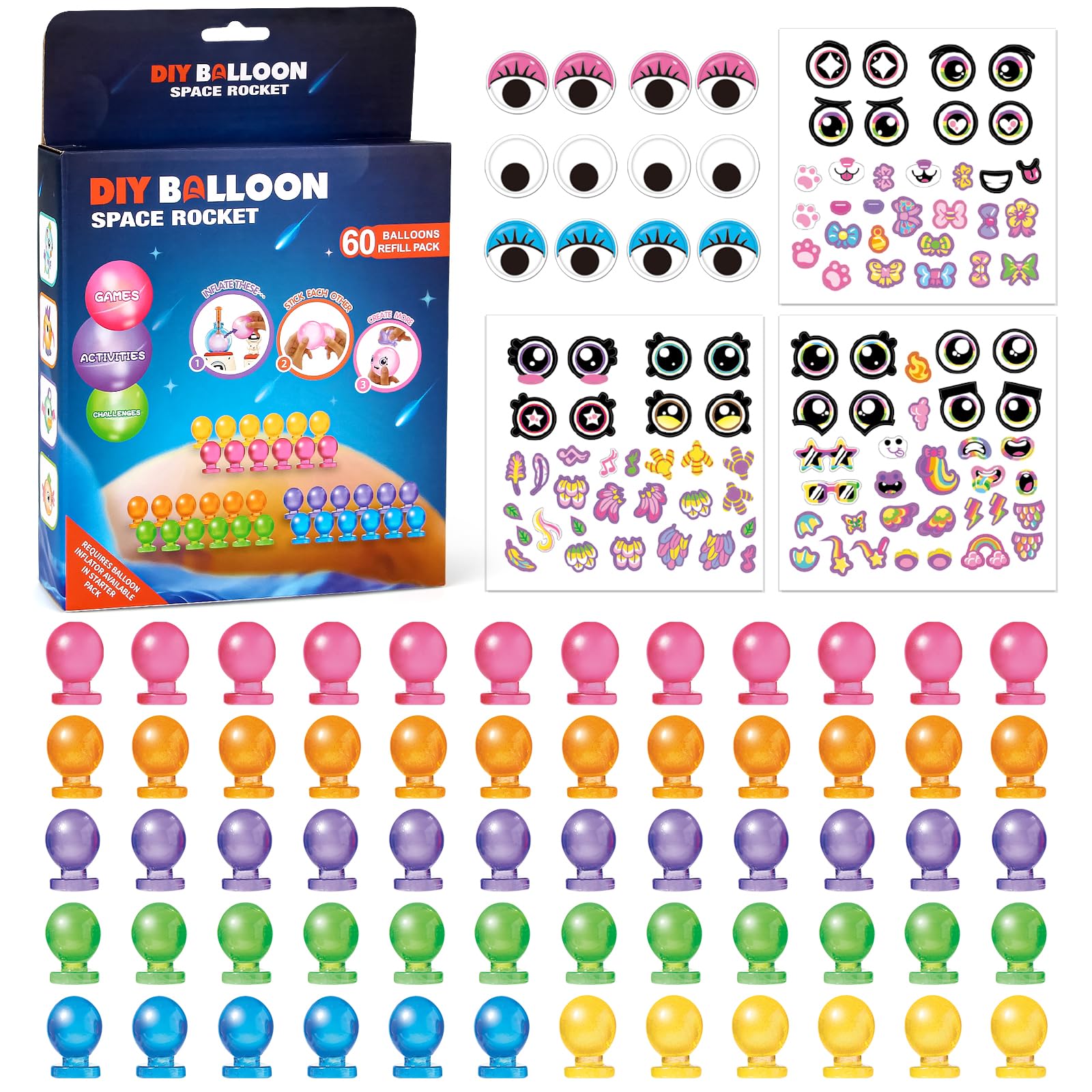 nicknack 170pcs DIY Balloons Accessories Kit for Kids, 60pcs Magic Bouncy Balloon Refill with Stickers Accessories, DIY Sticky Balloon Maker Toy Craft Kits for Kids, Toy Gift for Boys Girls Ages 3-12