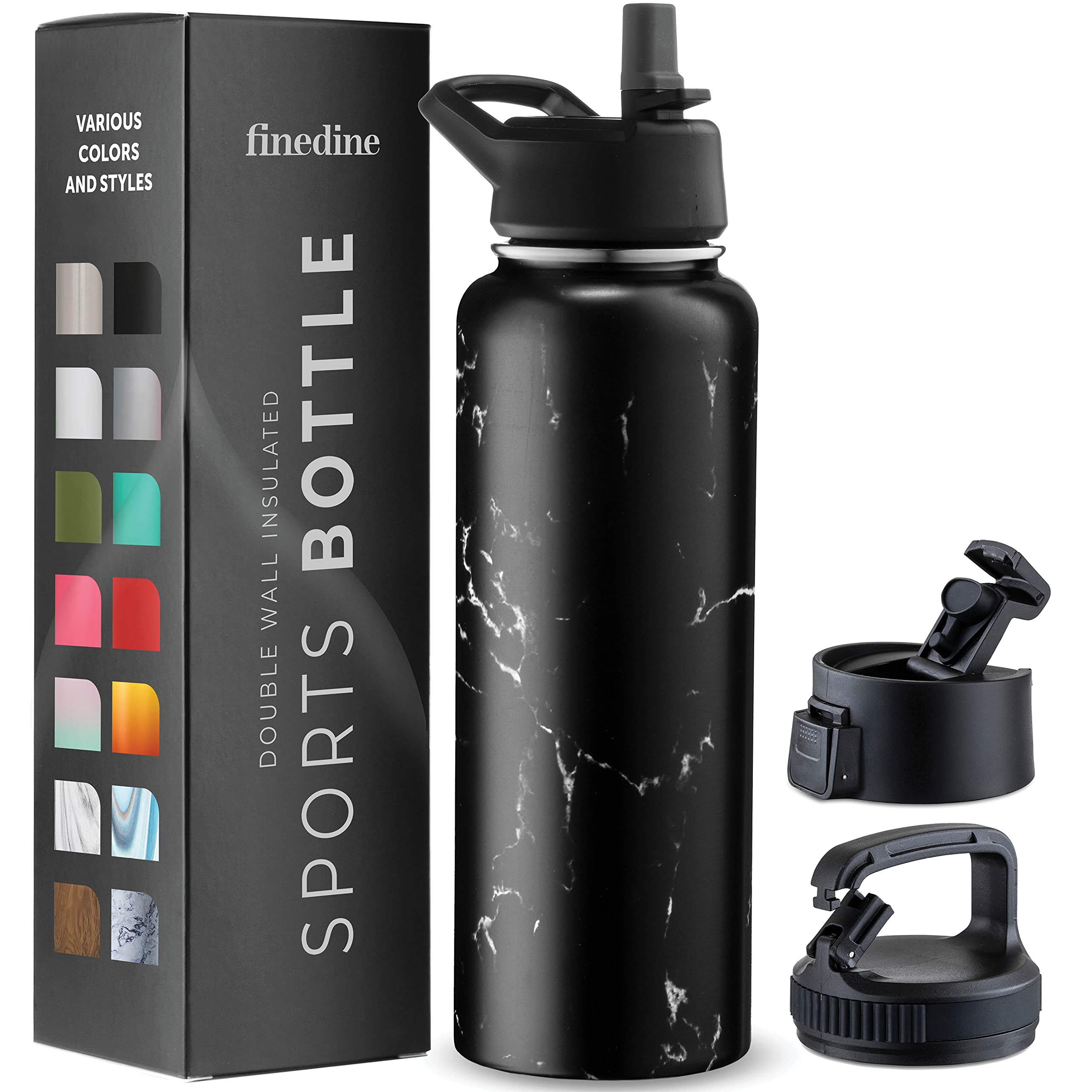FineDine Triple Walled, Insulated Water Bottles with Straw - 40 Oz Stainless Steel Metal Bottle W/ 3 Leak Proof Lids - For Travel, School, Sports, Gym/Men, Women & Kids - Polished Raven Marble
