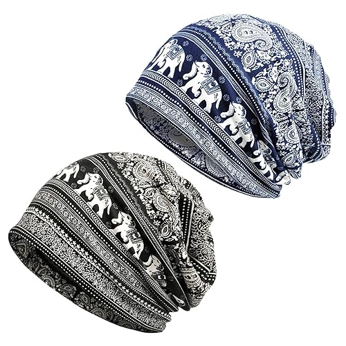 2 Pieces Knitted Beanie, Elephant Pattern Beanie, Winter Windproof Warm Hat, Soft Loose Hat, Unisex Chemotherapy Hat, Chemotherapy Cancer Hat, Anti-Hair Loss Hat