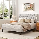 CXVX Queen Size Bed Frame with Diamond Tufted Headboard, Linen Upholstered Platform Bed and Wooden Slat Support, Noise-Free, No Box Spring Needed, Easy Assembly, Light Grey