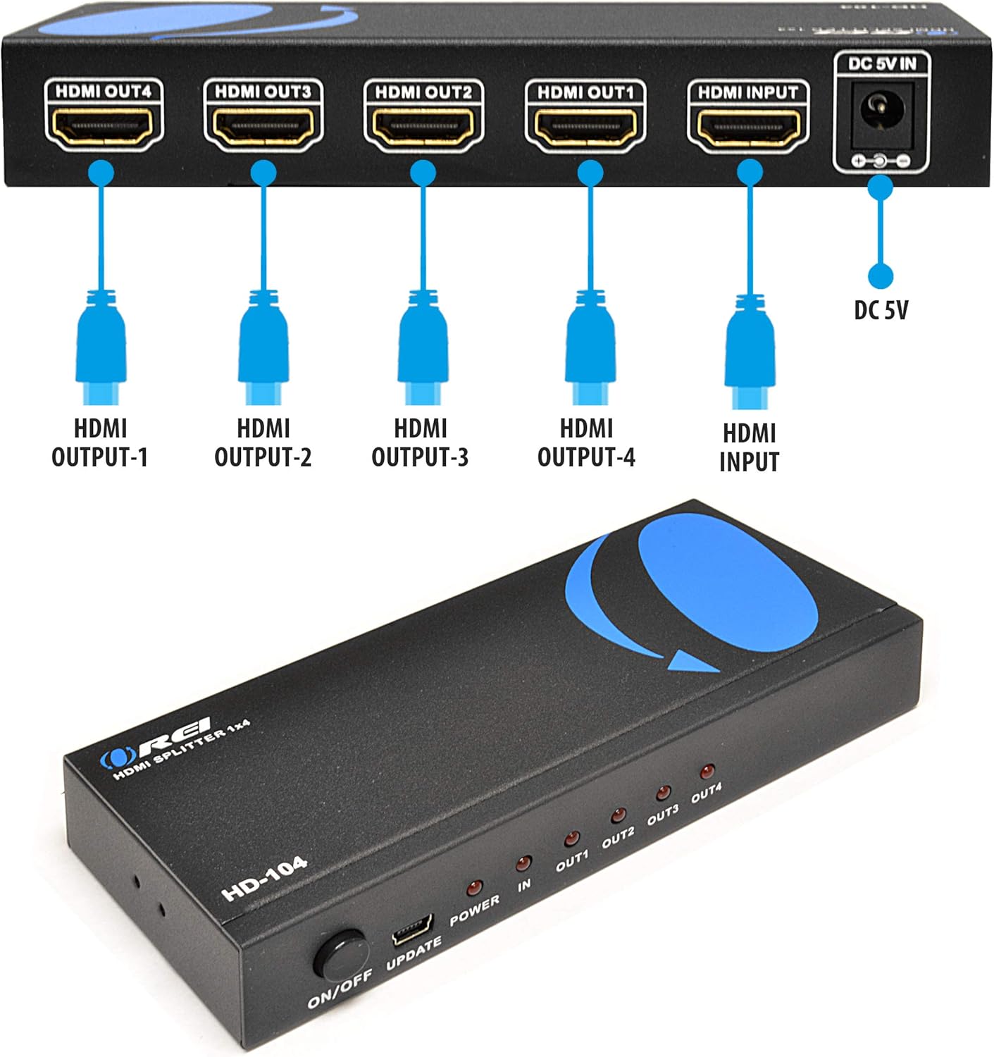 4K 1x4 HDMI Splitter by OREI - 1 Port to 4 HDMI Display Duplicate/Mirror - Powered Splitter Ver 1.4 Certified for Full HD 1080P High Resolution & 3D Support (One Input To Four Outputs) - HD-104: Home Audio & Theater