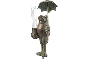 EVERGREEN GARDEN Evergreen Metal Frog Statue with Umbrella Glass Rain Gauge | Green | Garden Decor Outdoor | 18 Inches Tall | 5" Rain Capacity Easy to Read