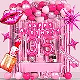 Miidenks 35th Pink Birthday Decorations, Hot Pink Party Decorations for Women, Includes Banner, Number Foil Balloon, Cake Topper, Fringe Curtain, Star Foil Balloons