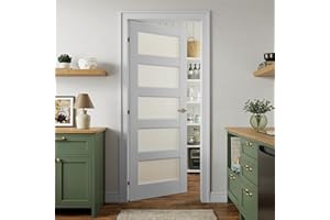 SMARTSTANDARD 5-Panel Frosted Glass Interior Door Slab, 32" x 80" Slab Door for Pantry Pocket Laundry Bathroom French, Solid Core Pre-Assembled Panel Without Hardware, White