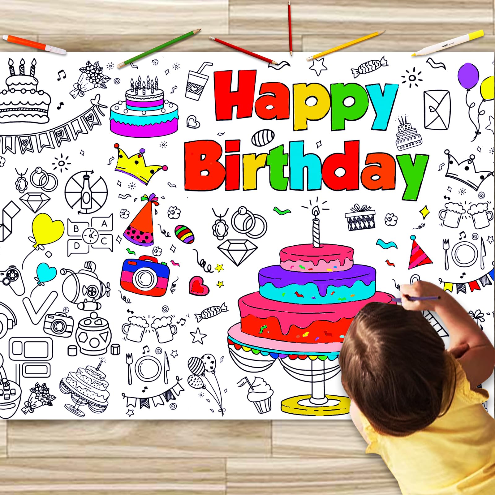 Photo 1 of JUNQIU Happy Birthday Coloring Tablecloth, 72 * 31Inch Giant Coloring Poster for Kids, Color Paper Roll for Party Activities/Game/Birthday Party Games/Birthday Crafts for Kids