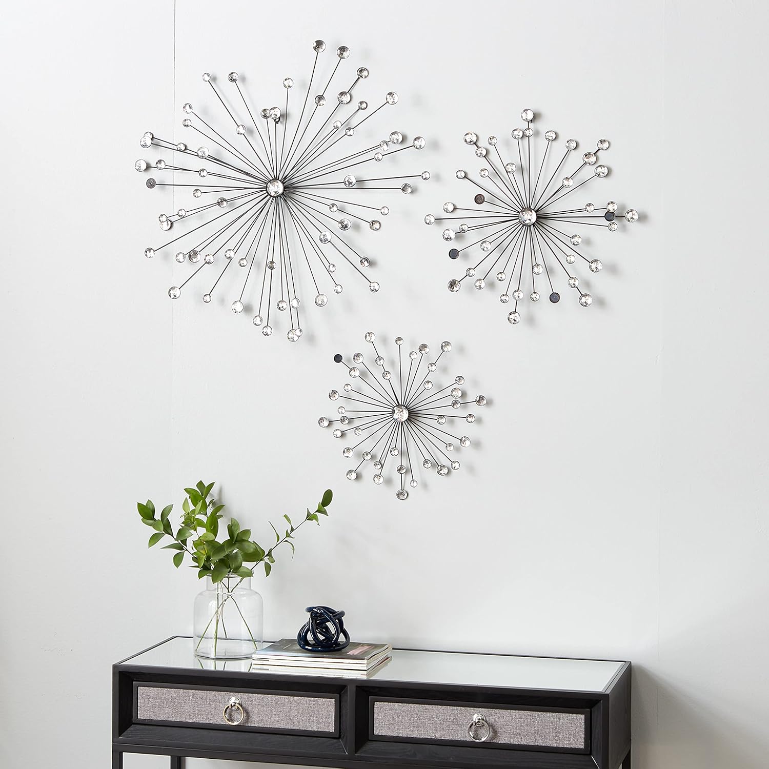 Set of 3 Black Metal Jeweled Starburst Wall Decor 24 Inches, 20 Inches and 16 Inches Diameter