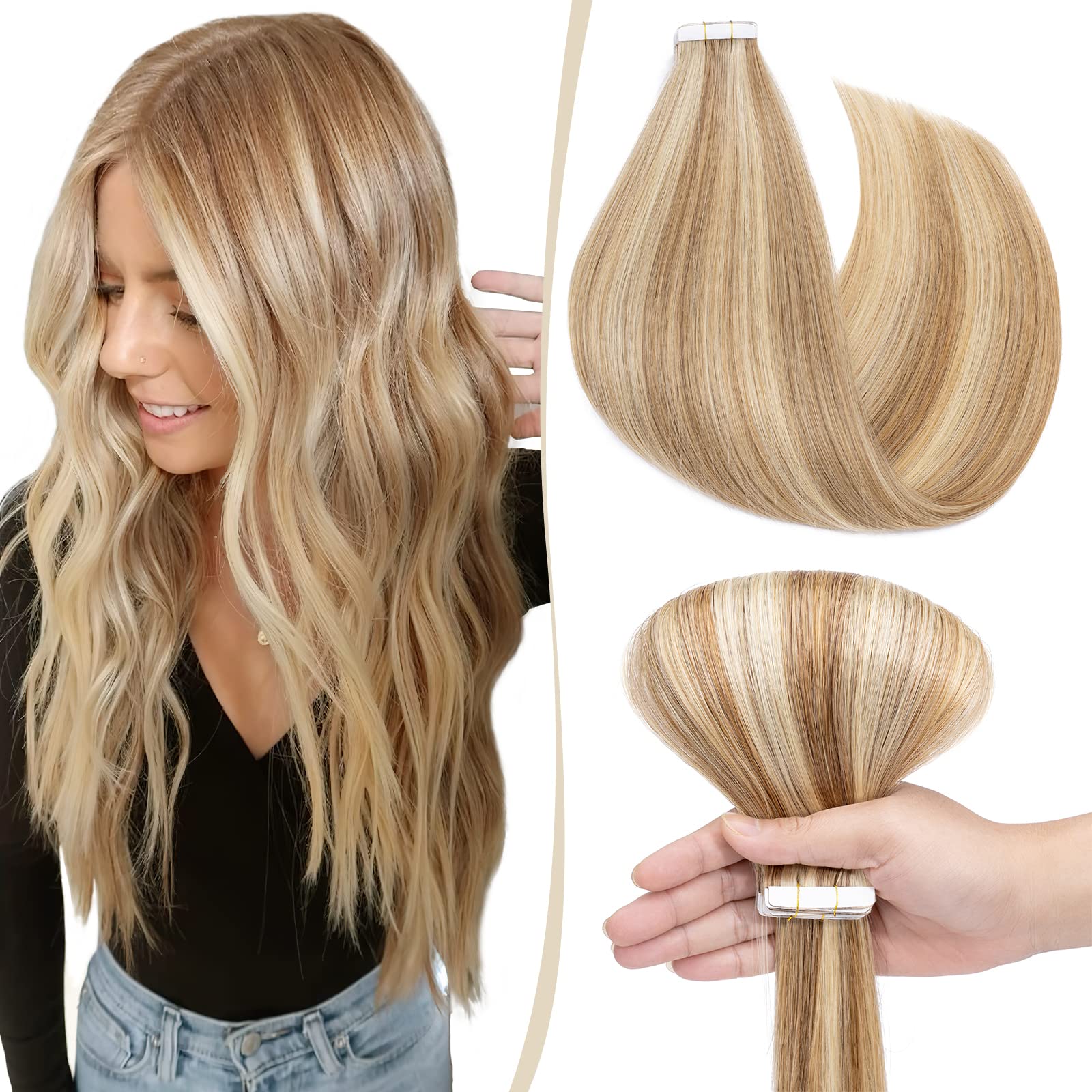 16 inch SEGO Tape in Hair Extensions Human Hair [10PCS*2.5g] #12/613 Golden Brown&Bleach Blonde 100% Remy Real Hair Pieces for Women Invisible Skin Weft Straight (25g) — image 1