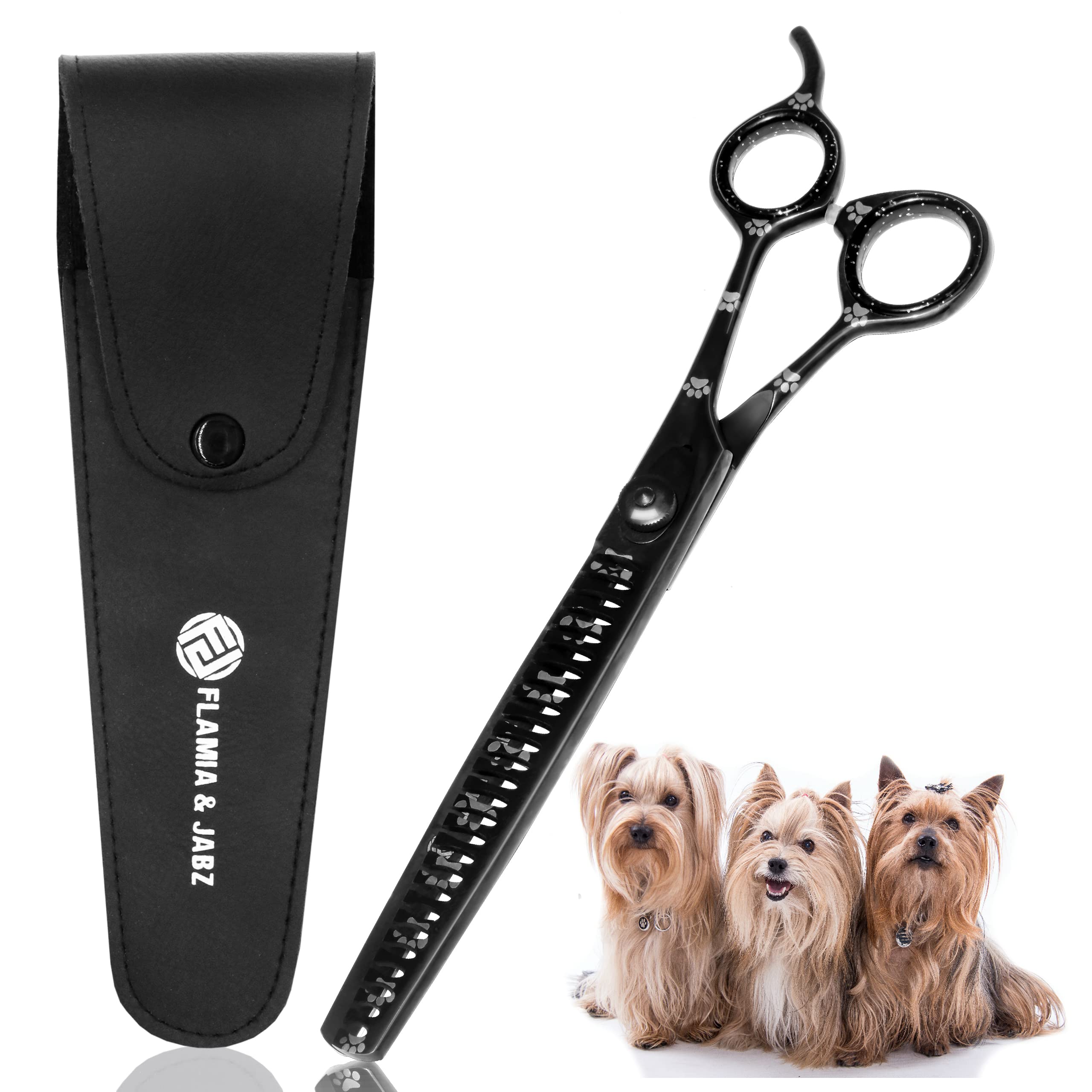 Professional Dog Grooming Chunker Shears/Scissors with Paw Prints for Dogs, Cats & Pets (Right Handed, Black, Stainless Steel 8 Inch)