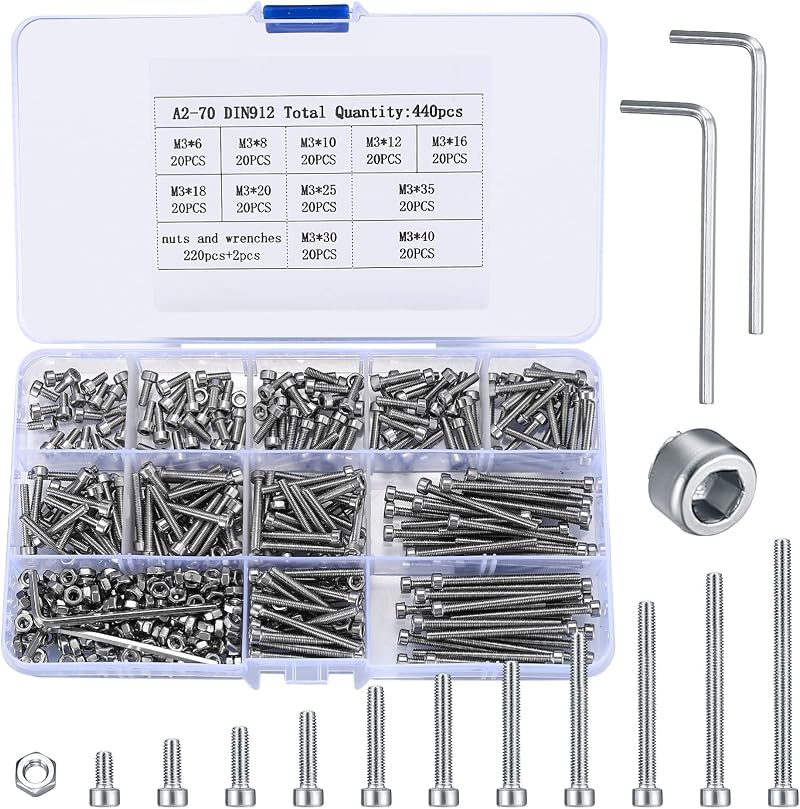 HAOCHEN 440 Pcs M3 Bolts Nuts Set Stainless Steel Hex Socket Head Screws