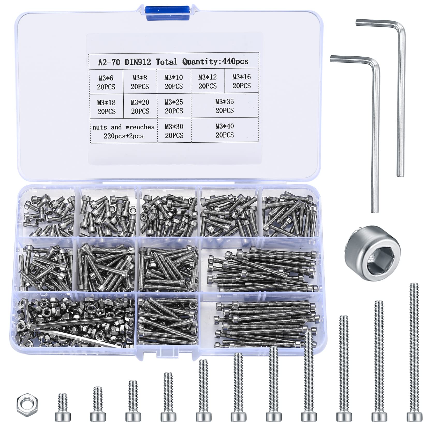 440 Pcs M3 Bolts and Nuts Set, Hex Socket Button Head Cap Screws Assortment Kit, Stainless Steel Replacement Machine Fastener Screws Bolts Nuts Sets — image 1
